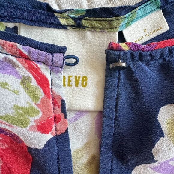 Anthropologie Maeve 100% Silk Navy Blue Floral Sheer Short Sleeve Blouse Sz 0 - Picture 5 of 6